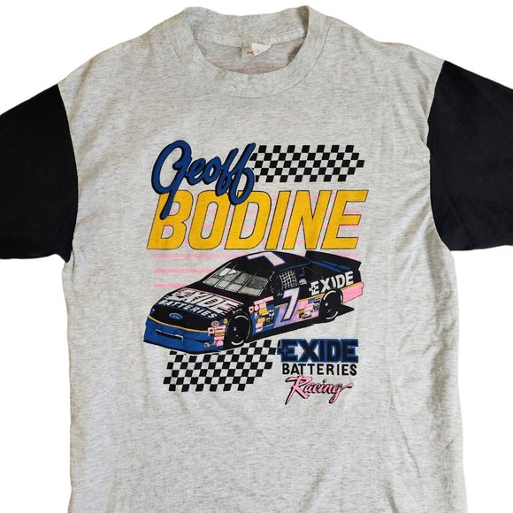DS VINTAGE GEOFF BODINE L T-SHIRT NASCAR WINSTON CUP CHECKED GRAPHIC 1990 90'S - Picture 1 of 6